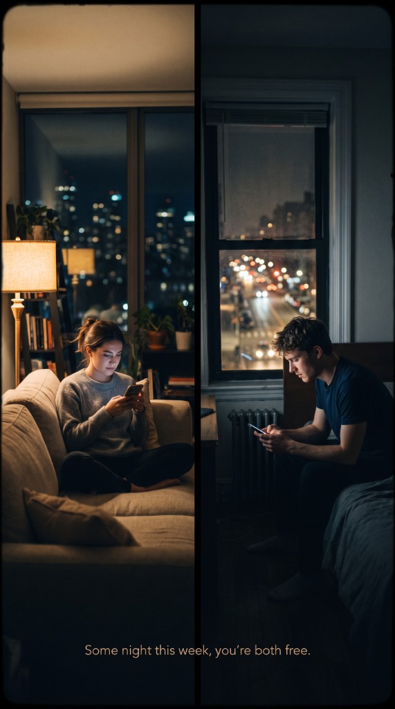 Two friends alone at night in separate rooms looking down at their phones: You're both free tonight.