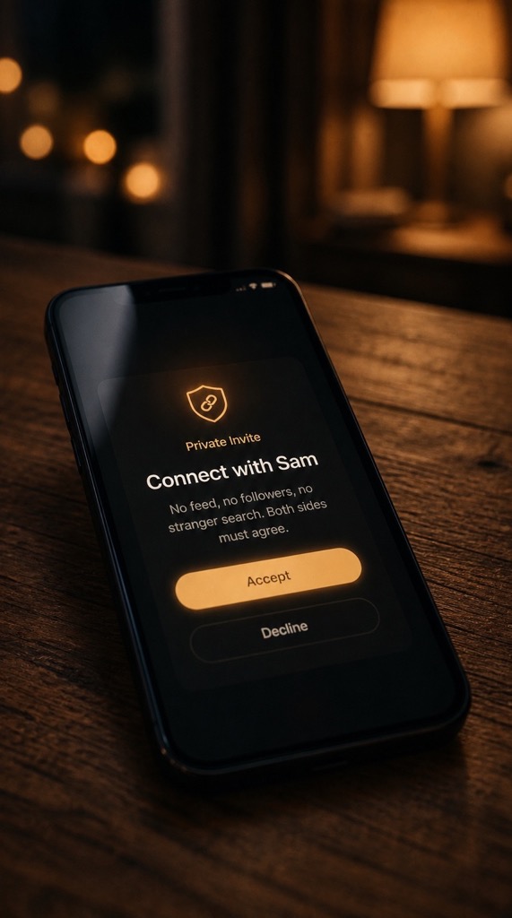Phone on wooden table showing Private Invite: Connect with Sam. No feed, no followers, both sides must agree.