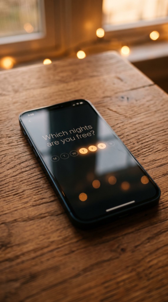 Phone on wooden table showing Which nights are you free with days M T W T F S S highlighted in warm amber