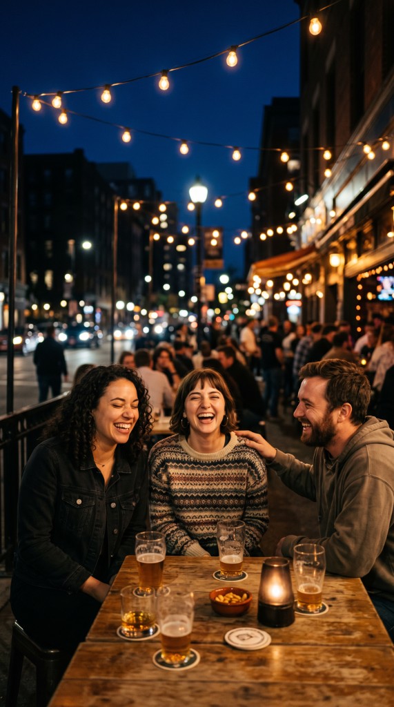 Three friends laughing together at an outdoor table at night with beers under festoon string lights